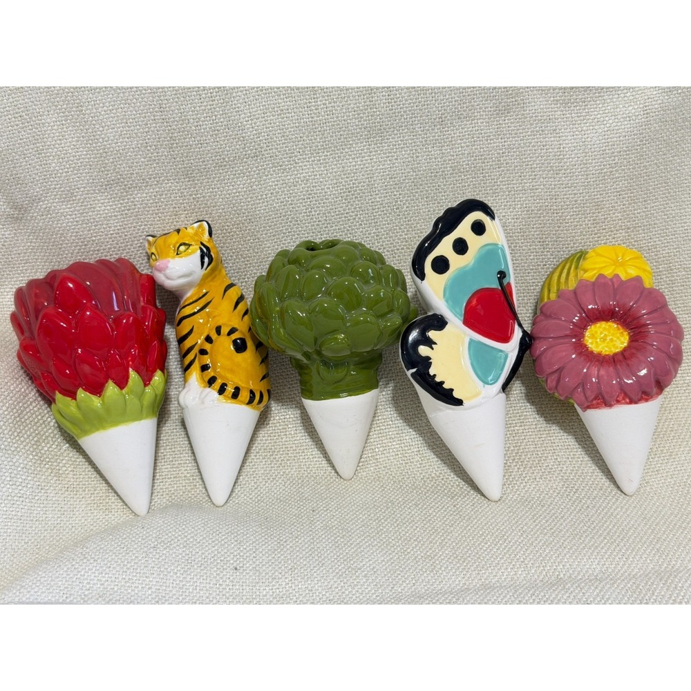 5 Pack Ceramic Self Watering Spikes Flower Tiger Butterfly Plant Stakes